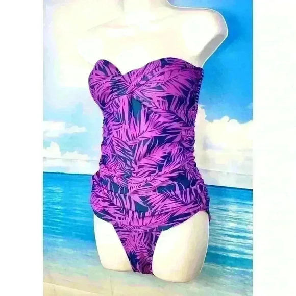 OLD NAVY Strapless PURPLE and NAVY BLUE Fern Print Swim Bathing Suit One Piece M - Picture 3 of 5